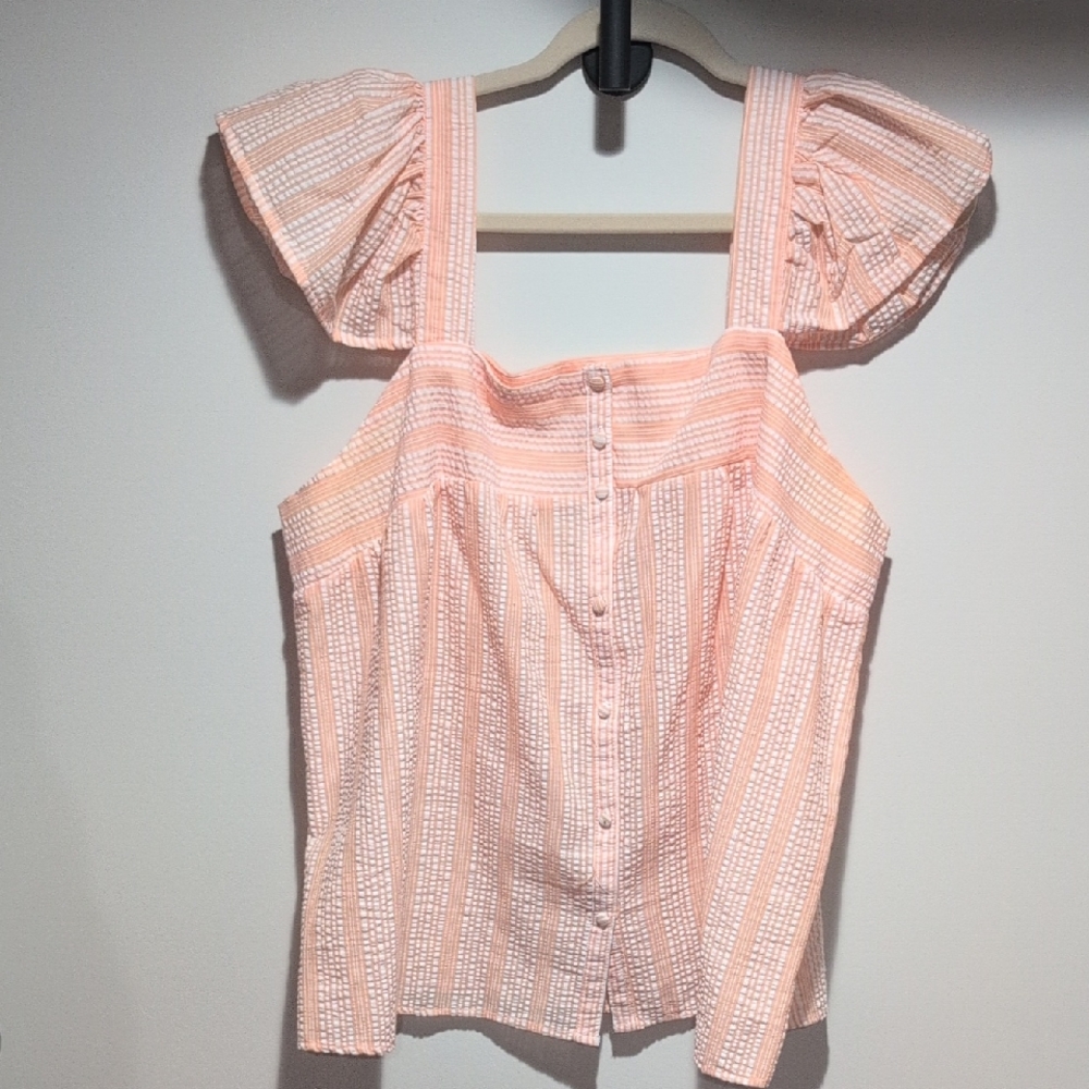 Striped Peach Button-Front Women's Blouse with Flutter Sleeves